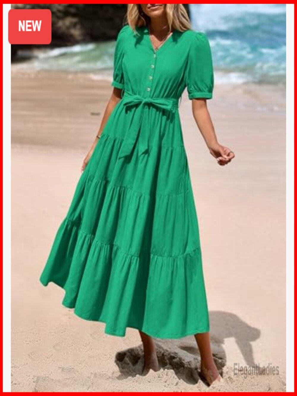 Short Sleeve V Neck Ruffle A Line Midi Dress with Belt - Picture 6 of 7